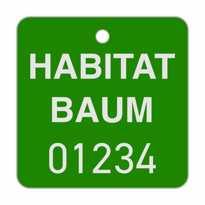 Alu-Baumplakette Rechteck – matt eloxiert 100x100 mm, t=1mm, Befestigungsloch 4 mm, Laserbeschriftung