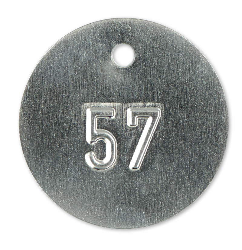 Weißblechplaketten, verzinntes Weißblech, Ø 45, Stärke 0,2 mm, 1 Loch oben 5 mm, geprägt, Set Nr 1-100