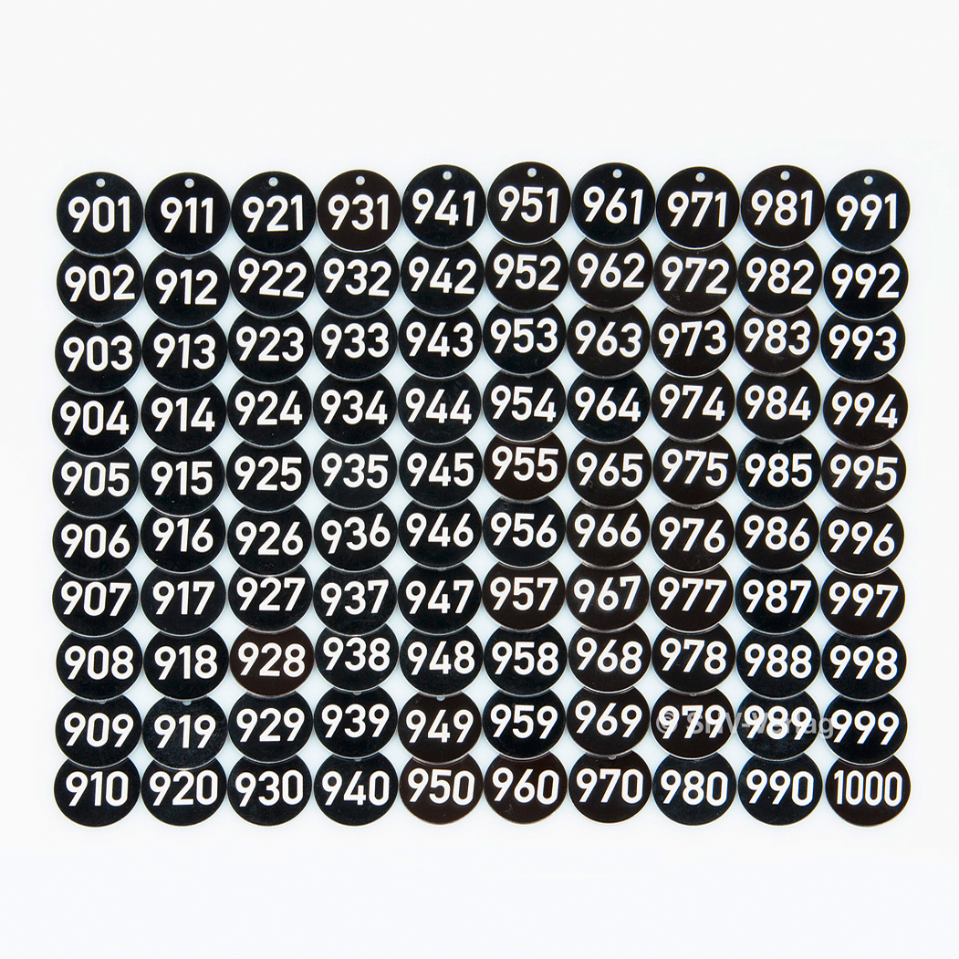 Baummarken #901-1000, Baumplaketten d=35 x 1mm, Laser-Gravur, nummeriert, Aluminium eloxiert, schwarz,