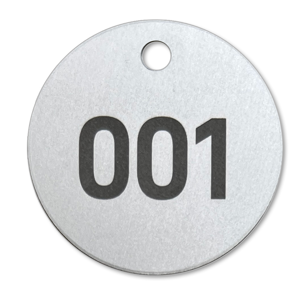 Edelstahl Ronden, Plaketten, Baumnummern, Dicke 1mm, silber matt, Ziffern dunkelgrau, Laser-Gravur